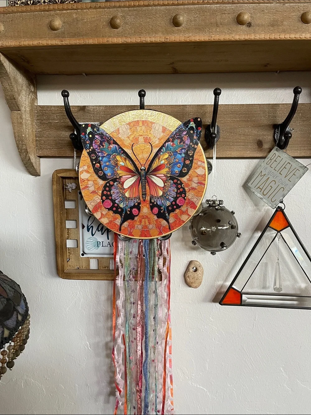 Colorful Butterfly Wall Tambourine Hanging - Vibrant Orange and Black